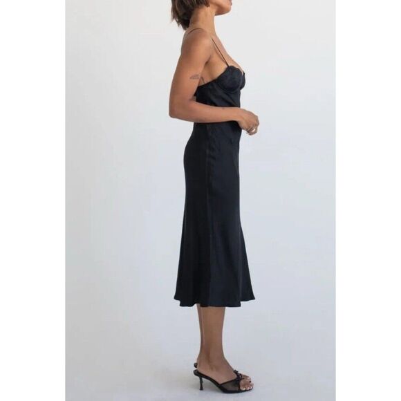 Rumored NWT Women Negroni Black Bamboo Printed Satin Slip Dress Elegant Medium - Picture 4 of 12
